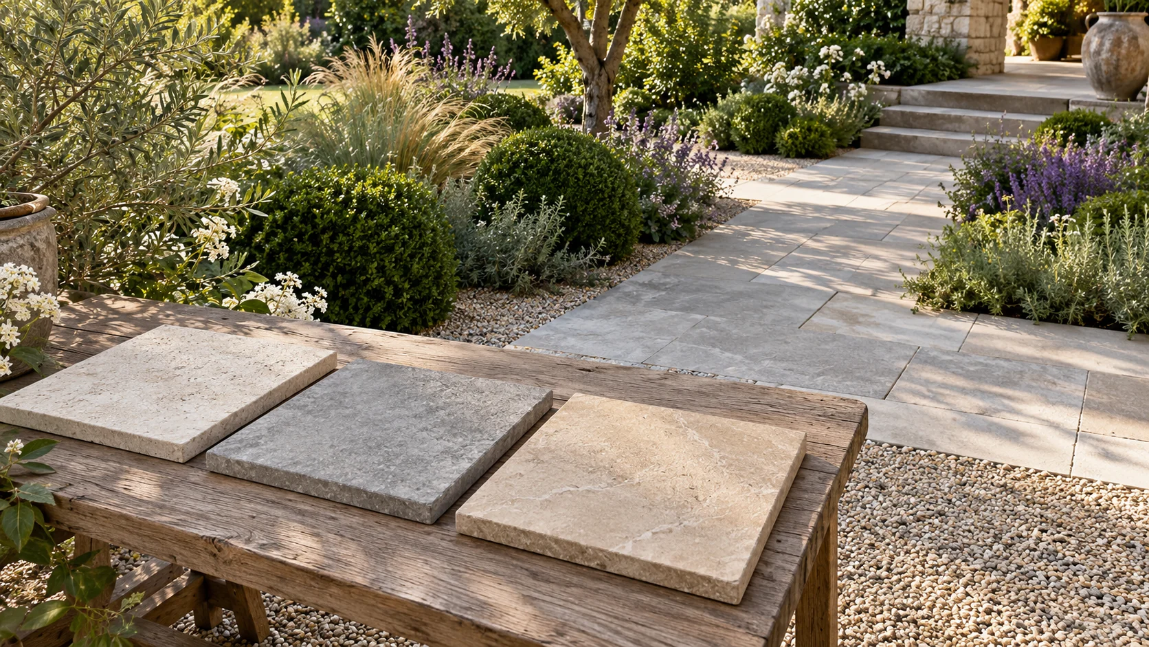 Three stone paving samples sit on a wooden table beside a garden path bordered by gravel and layered planting. Design concept.