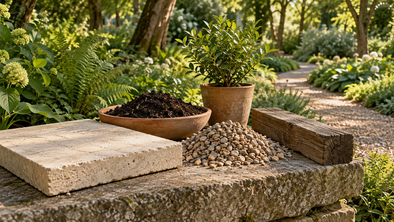 Landscape planning still life with soil, gravel, limestone paving and young plants beside a mature green garden.